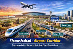 Digital illustration of Shamshabad Airport Corridor featuring Rajiv Gandhi International Airport, metro train, bullet train, multi-modal transport hub, and growth areas including Thukkaguda, Maheshwaram, and Future City.