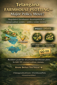 Telangana farmhouse plotting policy update 2026 showing GO 111 conservation zones near Hyderabad including Osman Sagar and Himayat Sagar with investment and eco-regulation highlights.