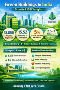 Infographic showing India green building statistics including 18,850 registered projects, 15.52 billion sq ft green space, 5% green building share, Telangana rank 6, and net zero energy growth outlook.