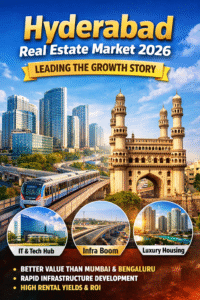Hyderabad skyline showcasing rapid real estate growth, luxury residential towers and IT corridor infrastructure development in 2026