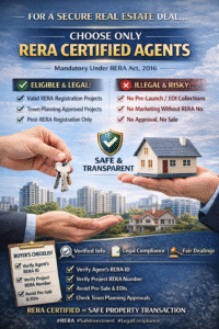 Professional infographic showing RERA certified real estate agents, legal project verification checklist, no pre-launch or EOI before RERA approval, and safe property investment guidelines under RERA Act 2016.