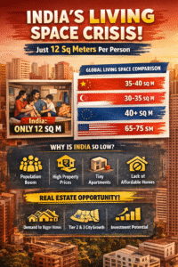 Infographic showing India’s limited 12 sq meters per person living space and real estate growth opportunities including demand for bigger homes, tier 2 & 3 city expansion, and investment potential.