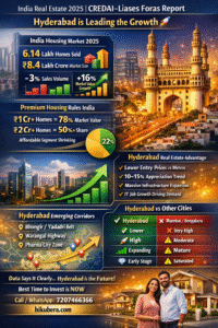 Data infographic showing Hyderabad real estate growth vs Mumbai and Bengaluru with 2025 housing market statistics