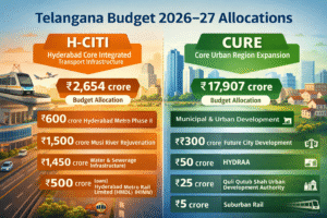 Infographic showing the impact of H-CITI and CURE initiatives on Hyderabad with metro expansion, airport connectivity, Musi River rejuvenation, suburban rail, and future city development zones