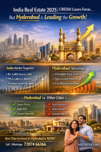 Data infographic showing Hyderabad real estate growth vs Mumbai and Bengaluru with 2025 housing market statistics