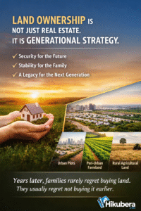 Residential land investment concept showing open plots, farmland, and urban plots representing generational wealth and long-term real estate investment