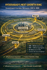 Investment map showing Hyderabad expansion between the Outer Ring Road Hyderabad and the proposed Regional Ring Road Hyderabad highlighting growth corridors near Shadnagar, Bhongir, Choutuppal and eastern Hyderabad regions.