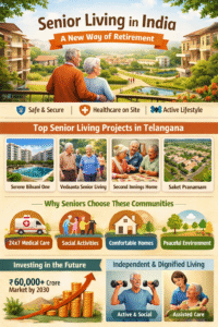 Infographic showing senior living communities in India highlighting healthcare support, safe gated retirement homes, active lifestyle amenities, and top senior living projects in Telangana.