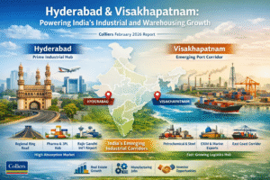 Infographic showing Hyderabad as a prime industrial hub and Visakhapatnam as an emerging port-led logistics corridor in India, based on Colliers February 2026 industrial and warehousing report.