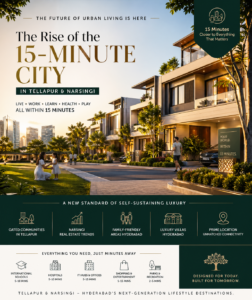 Luxury gated communities in Tellapur and Narsingi showcasing 15-minute city concept with villas, green spaces, and modern infrastructure in Hyderabad