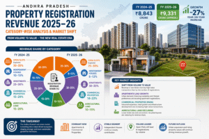 Andhra Pradesh real estate registration revenue 2025-26 infographic showing category-wise share of open plots, apartments, commercial properties, independent houses, and agricultural land