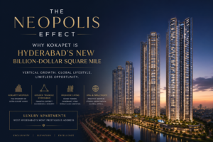 Luxury high-rise apartments in Kokapet Neopolis, West Hyderabad skyline with premium towers and urban lifestyle