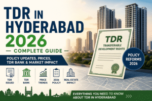 Transferable Development Rights Hyderabad 2026 infographic showing TDR policy updates, price trends, TDR bank and real estate impact