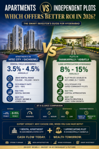 Plot vs Flat Hyderabad comparison showing rental yield in Gachibowli vs land appreciation in Shankarpally and Adibatla with ROI insights 2026