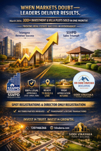 SSVPD Hyderabad villa plots investment image showing 300+ plots sold with HMDA DTCP RERA approved premium real estate developments