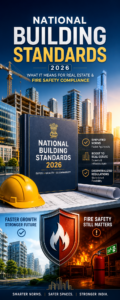National Building Standards 2026 infographic showing fire safety compliance changes and real estate growth in India