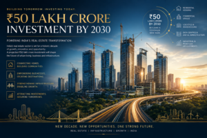 Futuristic Indian city skyline representing ₹50 lakh crore real estate and infrastructure investment growth by 2030