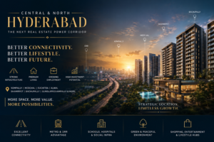 Premium skyline view showcasing the rapid real estate growth and infrastructure development in Central and North Hyderabad regions