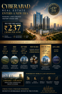Premium creative showcasing Cyberabad real estate growth and Raidurg land auction reaching ₹237 crore per acre inside ORR Hyderabad