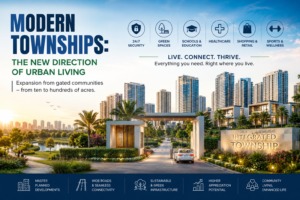 Modern integrated township with high-rise apartments, villas, green landscapes, premium amenities, and gated community infrastructure